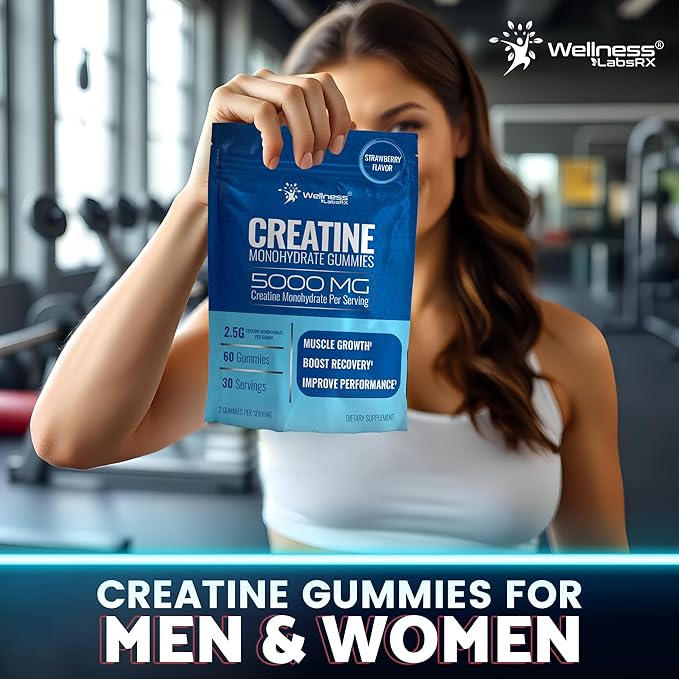 WELLNESS LABSRX Creatine Gummies 5000mg, 30 Servings Creatine Monohydrate Gummies, Strawberry Flavor Creatine for Men - Pack of 2