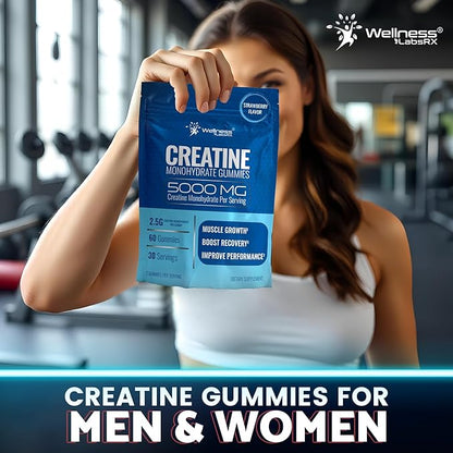 WELLNESS LABSRX Creatine Gummies 5000mg, 30 Servings Creatine Monohydrate Gummies, Strawberry Flavor Creatine for Men - Pack of 2
