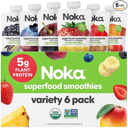 Noka Superfood Fruit Smoothie Pouches Variety Pack, Healthy Snacks with Flax Seed, Plant Protein and Prebiotic Fiber, Vegan and Gluten Free Snacks, Made in USA, Organic Squeeze Pouch, 4.22 oz, 6 Count