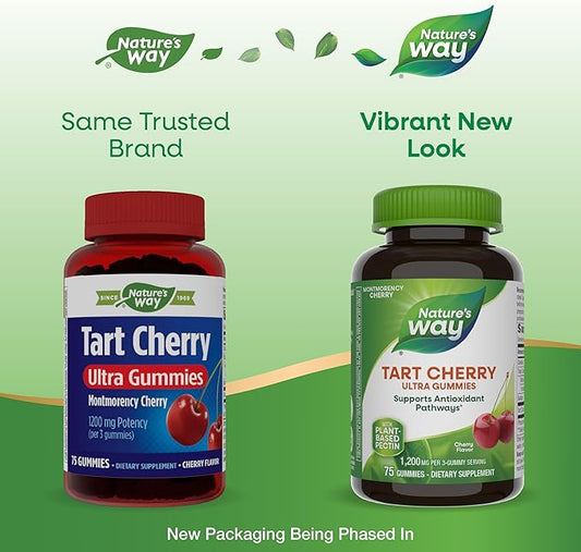 Nature's Way Tart Cherry Ultra Gummies, Antioxidant Support from Anthocyanins*, 1,200 mg per 3-Gummy Serving, Cherry Flavored, Gluten Free, Vegetarian, 75 Count (Packaging May Vary)