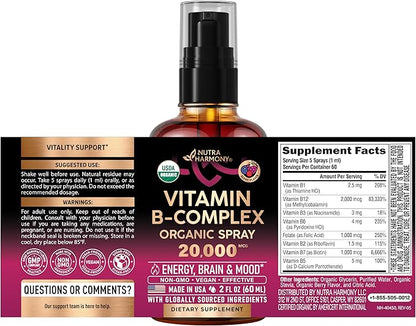 USDA Organic Vitamin B-Complex Liquid Spray 8-in-1 - B5 Pantothenic Acid | B12 Methylcobalamin | B1 Thiamine | B6 Pyridoxine | B7 Biotin | B9 Folic | B3 Niacinamide - Made in USA Supplement, 2fl oz