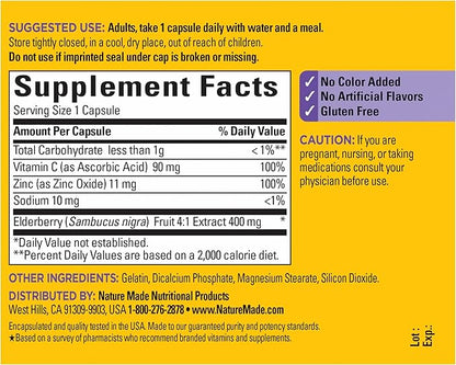 Nature Made Elderberry, Vitamin C and Zinc Capsules, 400 mg Elderberry Extract, Dietary Supplement for Immune Support, 60 Capsules, 60 Day Supply