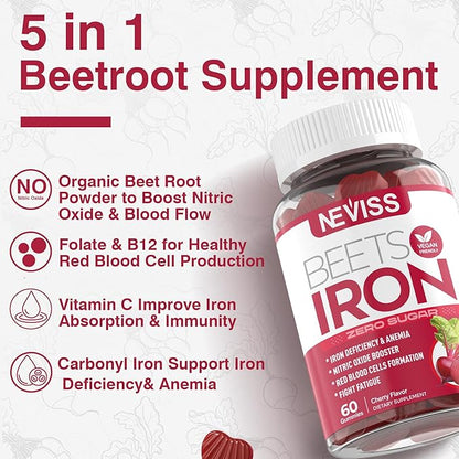 Beet Root Gummies with Iron, Methyl B12, Folate, Vitamin C - Increase Nitric Oxide & Iron Levels, Energy Support, Fight Fatigue, Beetroot & Gentle Iron Supplement, Sugar Free, 60 Counts