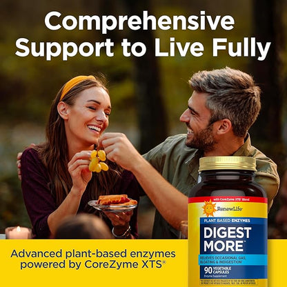 Renew Life DigestMore Digestive Enzymes | 90 Vegetable Capsules | Plant Based Enzymes | Relieves Occasional Gas, Bloating & Indigestion | Dairy, Soy, and Gluten-Free Supplement