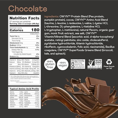 OWYN Only What You Need Pro Elite Chocolate Flavored Protein Powder, 32g Protein, 0g Sugar, 3g Fiber, High Protein, Dairy Free, Gluten Free, Plant Based Protein Powder, 2.9LB
