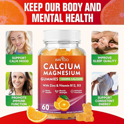 2 Pack Calcium Gummies 1000mg with Vitamin D3 K2 & B Complex, Potassium, Calcium Magnesium Zinc Gummies for Bone, Muscle, Mood and Immunity - Orange Flavor 120 Gummies