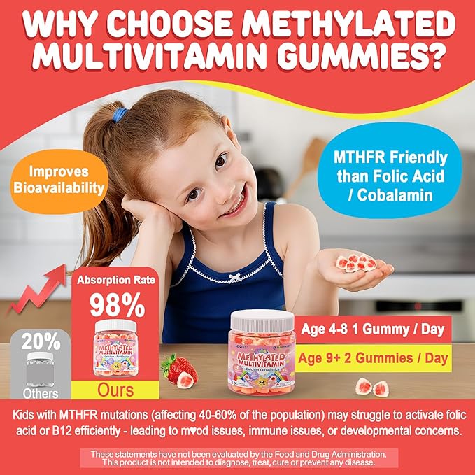 Kids Multivitamin Gummies + Calcium, Probiotics, Vitamin D3, C, Methylated B12 & Methylfolate, B6, A, K2, E, Zinc, Prebiotics for Children Ages 4+, Clean & Sugar Free, for Nutritional Support, 120 Cts