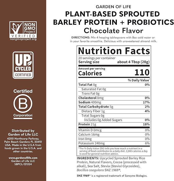 Garden of Life Plant-Based Sprouted Barley Protein, Chocolate with 21g Protein, 0g Sugar & Clean Ingredients, Upcycled Barley, Probiotics, Non-GMO, use in Shakes, Smoothies & Baking, 20 Servings