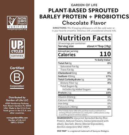 Garden of Life Plant-Based Sprouted Barley Protein, Chocolate with 21g Protein, 0g Sugar & Clean Ingredients, Upcycled Barley, Probiotics, Non-GMO, use in Shakes, Smoothies & Baking, 20 Servings
