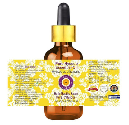 Deve Herbes Pure Hyssop Essential Oil (Hyssopus officinalis) with Glass Dropper Steam Distilled 30ml (1 oz)