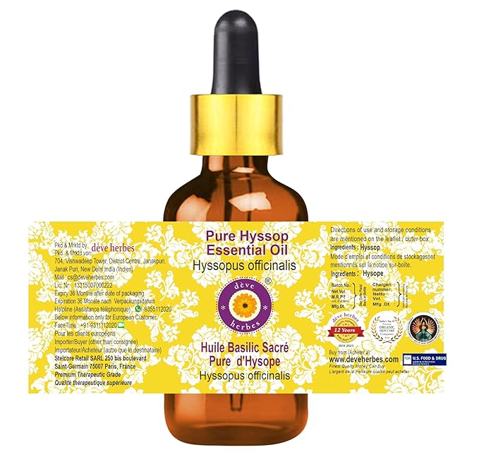 Deve Herbes Pure Hyssop Essential Oil (Hyssopus officinalis) with Glass Dropper Steam Distilled 2ml (0.06 oz)