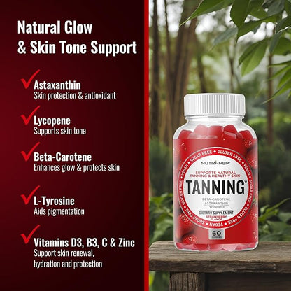 NutraPep Tanning Gummies for Women - Self Tan Bronzing Supplement that Work Without Sun - No Sugar Vegan with Astaxanthin Lycopene Beta Carotene Vitamins - Glow Up Skin Health Daily Oral Tanning Chews