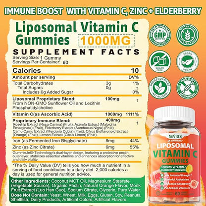 Liposomal Vitamin C 1000mg Gummies for Adults - Vitamin C Chewable with Elderberry, Zinc & 8mg Iron, Sugar Free Vit C Supplements, Daily Immune Support Gummies for Energy, Collagen Booster, 120 Counts