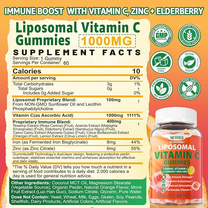 Liposomal Vitamin C 1000mg Gummies for Adults - Vitamin C Chewable with Elderberry, Zinc & 8mg Iron, Sugar Free Vit C Supplements, Daily Immune Support Gummies for Energy, Collagen Booster 60 Counts