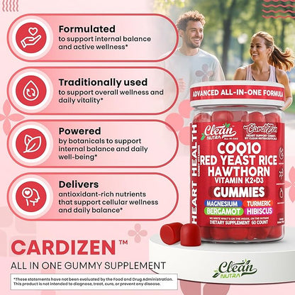 Clean Nutra CoQ10 Gummies Red Yeast Rice Hawthorn K2 Vitamin Supplement Magnesium Glycinate Turmeric Citrus Bergamot Hibiscus VIT D K Fenugreek Garlic Supplements Heart Support Gummy 60ct