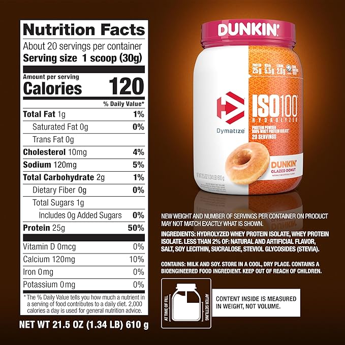 Dymatize x Dunkin' Glazed Donut ISO100 Whey Protein Powder, 25g of Protein, 5.5g BCAAs, 120 Cal., Gluten Free, 1g Fat, 1g Sugar, 2g Carb (20 Servings)