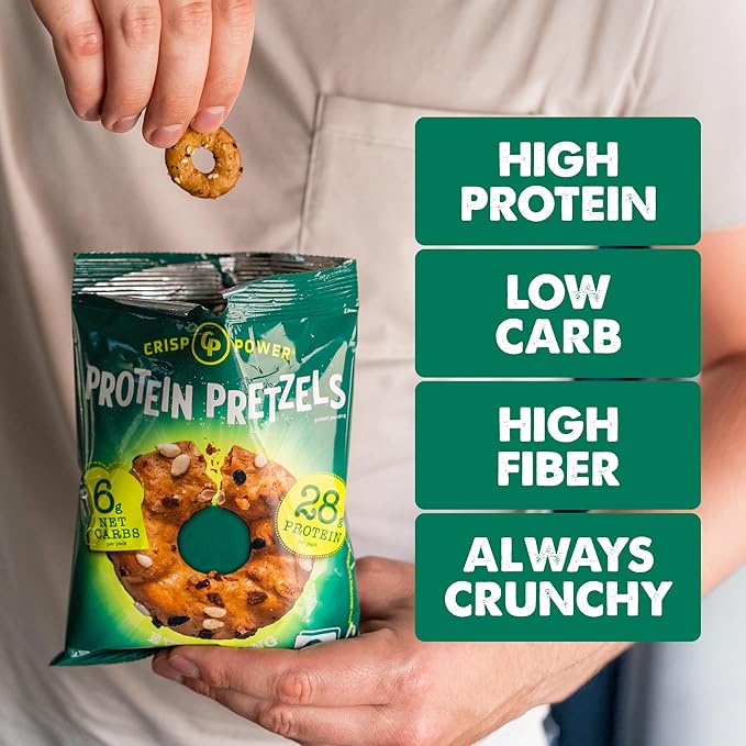 CRISP POWER Protein Pretzels, Everything, 28G Protein, High Protein Snack, High Fiber, Low Carb Crunchy Pretzel Snacks, No Added Sugar, 1.75 oz Bags, 6 Pack, Vegan, Keto