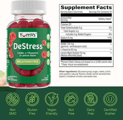 YumV's De-Stress Gummies with GABA, L-Theanine and Lemon Balm - Mixed Berry Flavor - Calming Gummies for Adults and Teens - Gluten Free Non-GMO Vegetarian Mood Support Relax Supplement (42 Count)