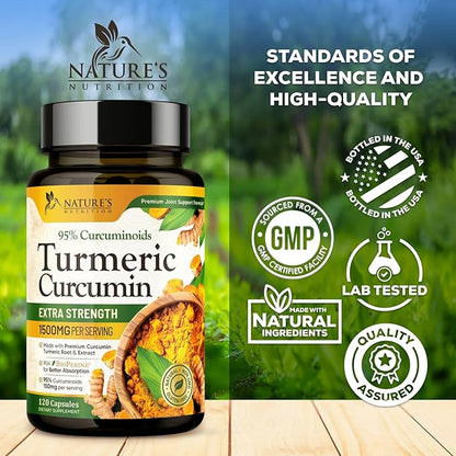 Turmeric Curcumin Supplement 1500mg - Organic Tumeric & BioPerine Black Pepper for Best Absorption with 95% Curcuminoids, Nature's Joint & Immune Support, Non-GMO, Bottled in USA - 120 Capsules