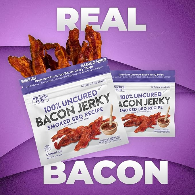 Smoked BBQ Bacon Jerky, 24g Protein Per Bag, Tender & Easy to Chew Fully Cooked Bacon, USA Made High Protein Carnivore Snacks (2 Bags)