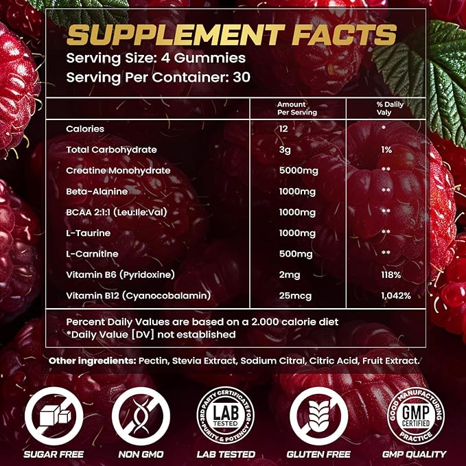 Creatine Monohydrate Gummies for Men & Women, 9000MG Creatine Gummies Sugar Free with L-Taurine, BCAA 2:1, B12 B6 for Boost Strength, Focus & Endurance, Vegan, Non-GMO, Raspberry 120pcs