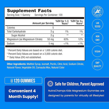 NutraChamps 120 Kids Magnesium Gummies - Sugar Free Calm Magnesium Gummies for Kids - 4 Month Supply - Supports Bone Health, Sleep
