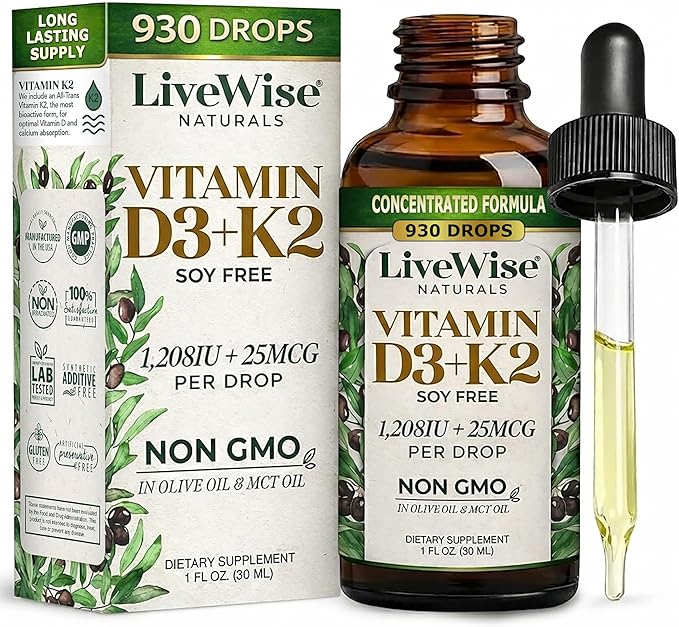 Live Wise Naturals Vitamin D3 K2 Drops for Adults - 930 Drops, Ultra Concentrated Formulation, Fast Absorption 1208 IU Vitamin D3, 25 MCG (MK-7) - Micro-Dosing Dropper for Calcium & Bone Support