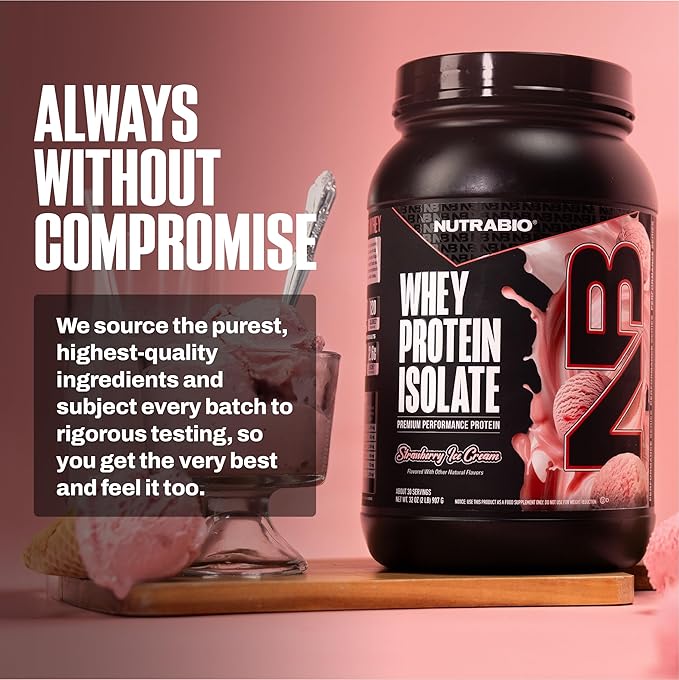 NutraBio 100% Whey Protein Isolate Protein Powder, 25g Protein with Complete Amino Acid Profile, Non-GMO, Soy & Gluten Free, Low Carb, Low Calorie Whey Protein Powder, Strawberry Ice Cream, 2 Lbs