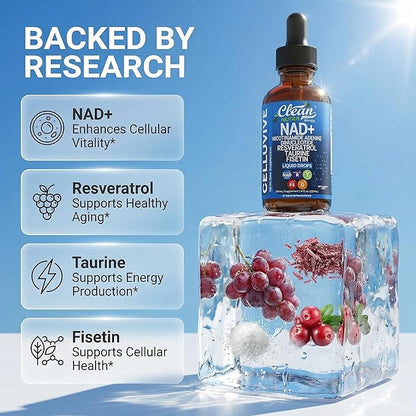 Liposomal NAD Resveratrol Supplement Liquid Drops for Women Taurine Fisetin Grape Seed Quercetin Berberine Astaxanthin Pterostilbene Spermidine Fo Ti Gotu Kola Anti Aging CelluVive by Clean Nutra 4oz