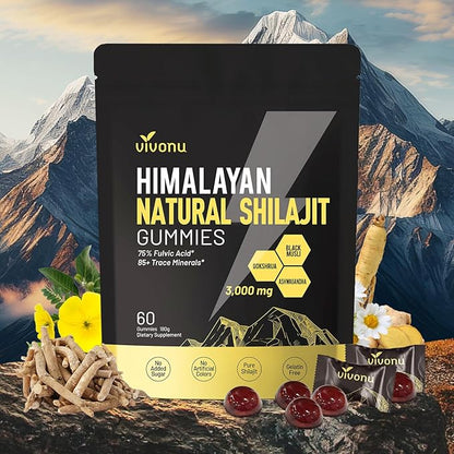 VivoNu Himalayan* Shilajit* Gummies with Ashwagandha* & Gokshura | 85+ Trace Minerals & Fulvic Acid | Organic, Micronutrient Supplement for Men & Women (3000mg / 1 Bag)