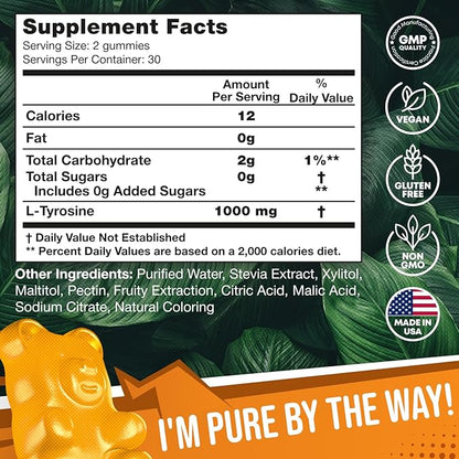 2 Pack - JOYLI L-Tyrosine Gummies 1000MG – Sugar-Free Vegan Focus Supplement & Mood Support for Kids & Adults – 500mg Per Gummy – Sleep Gummies for Memory, Energy & Wellness – 60 Pcs per Pack