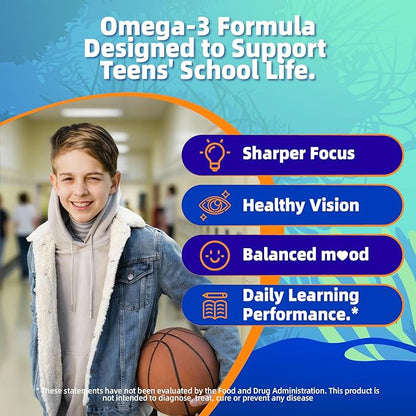 Vegan Omega-3 Gummies - 1000mg Algae Oil with 650mg DHA & 250mg EPA for Teens & Adults - Plus Vitamin D3, A,C, Lutein, Zeaxanthin, Magnesium for Eye & Immune Health, Brain - Sugar Free, Non-GMO, 60Cts
