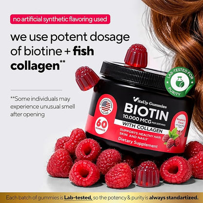 Biotin Gummies 10000mcg for Women and Men - Extra Strength Hair, Skin and Nails Gummies with Collagen - Natural Biotin Gummy Supplement for Hair, Skin, Nails Support - 60 ct