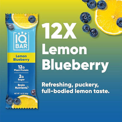 IQBAR Clean Plant Protein Bars - Lemon Blueberry - 12 Count - Keto, Vegan, High Fiber, Gluten and Dairy Free, Low Sugar Snack - Brain and Body Nutrients for Focus, Energy, Meal Replacement