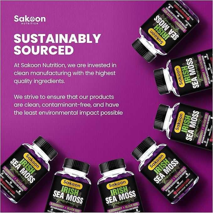 Sakoon nutrition Irish Sea Moss Gummies with Elderberry & Black Seed Oil - Overall Wellness Support | Rich in Vitamins, Raspberry Flavor | 60 Gummies