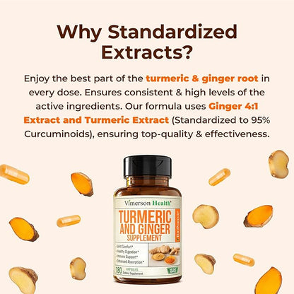 Turmeric Curcumin Supplement with Ginger Root for Joint Support, Digestive & Gut Health - Contains Organic Turmeric Curcumin with Black Pepper (Bioperine) for Enhanced Absorption - 180 Capsules