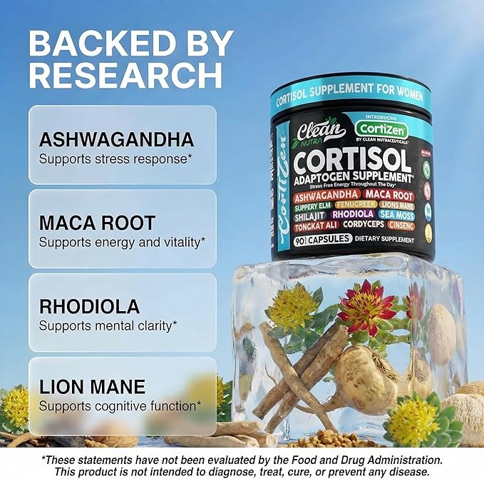 Clean Nutra Cortisol Supplements For Women | Maca Root Ashwagandha Cortisol Detox Manager Reducer + Slippery Elm Fenugreek Lions Mane Shilajit Rhodiola Sea Moss Tongkat Ali Cordyceps Ginseng Beet Root