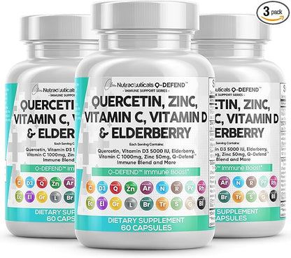 Q Defend Quercetin Supplement with Zinc Vitamin C Vitamin D Elderberry Turmeric Black Pepper Garlic Ginger Sea Moss Lysine Stinging Nettle Reishi Immune Support 60 Capsules Pack of 3 by Clean Nutra