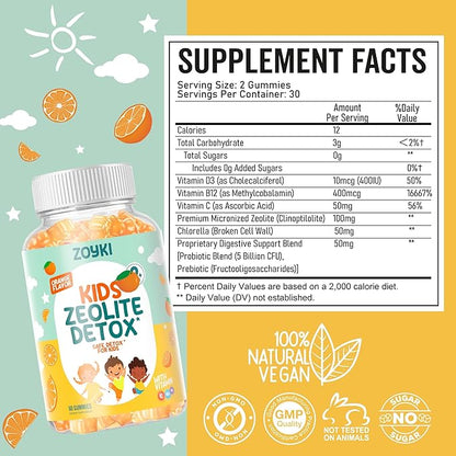 Zeolite Detox Gummies for Kids - Cleanse Out Toxins - Micronized Zeolite Chewable Body Support Supplement with Chlorella Vitamin D3 B12 C - Orange Flavor Vegan Non-GMO Gluten-Free