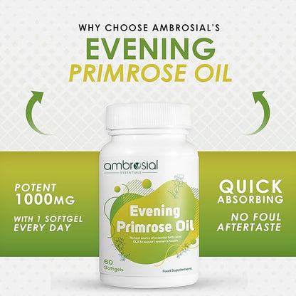 AMBROSIAL Evening Primrose Oil (EPO) 1000mg | 60 Capsules | Rich Source of Omega 6 & GLA | Non-GMO, Gluten Free | No Artificial Preservatives (Pack of 2-120 Capsules)