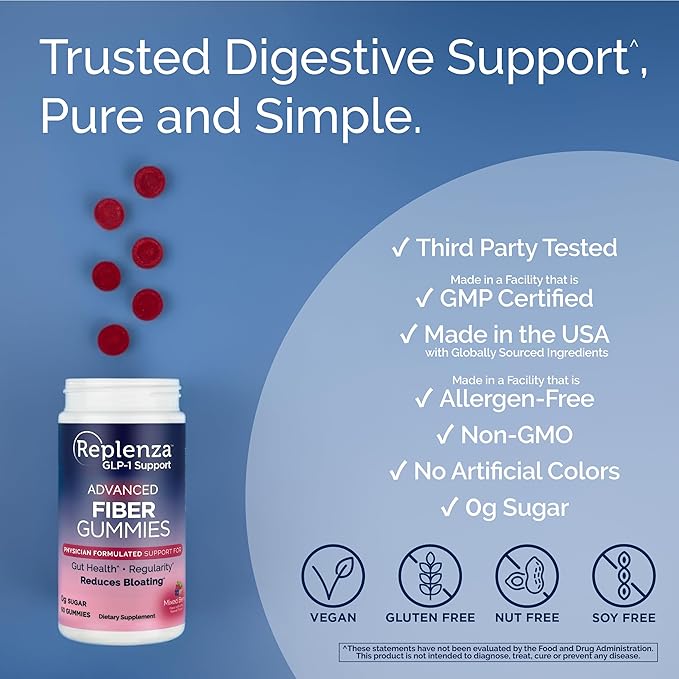 Replenza GLP-1 Support Fiber Gummies – Physician Formulated for Gut Health, Mixed Berry Flavor, 60-Count, for Men & Women, 2 Pack