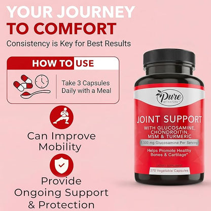 Pure By Nature Joint Support, Glucosamine with Chondroitin Turmeric MSM Boswellia Supplement, 270 Capsules