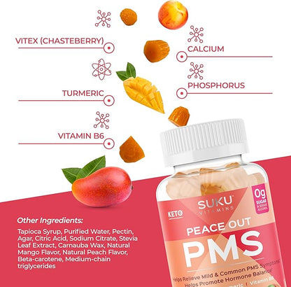 SUKU Vitamins - PMS Gummy Supplement with Chasteberry to Relieve PMS and Menopause Peach Mango Gummies (50 Count)