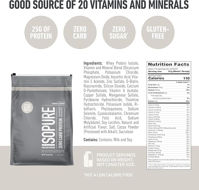 Isopure Zero Carb 100% Pure Whey Isolate Protein Powder, Gluten Free, with Vitamins, Cookies & Cream, 25g Protein Per Serving, 7.5 Lbs, 110 Servings (Packaging May Vary)