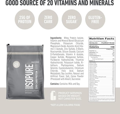 Isopure Zero Carb 100% Pure Whey Isolate Protein Powder, Gluten Free, with Vitamins, Cookies & Cream, 25g Protein Per Serving, 7.5 Lbs, 110 Servings (Packaging May Vary)