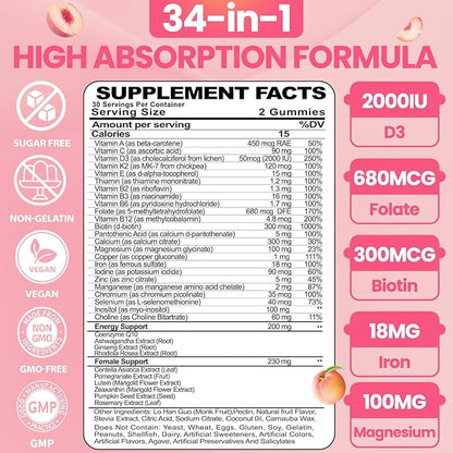 Organic Women's Multivitamin Gummies: Vegan Vitamin Supplement with Iron B12 D3 Biotin Magnesium Plus Ashwagandha for Hair Skin Health Boost Energy - Sugar Free Methylated Gummy(120Count)
