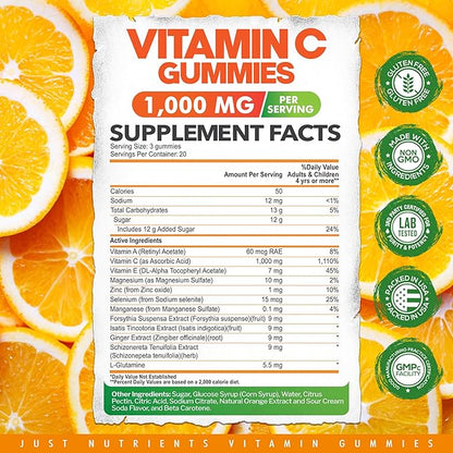 Vitamin C Gummies 1000mg – Chewable Multivitamin for Adults & Kids with Zinc for Immune & Collagen Support – Maximum Strength, Natural Orange Flavor – Gluten Free, Non-GMO, Vegetarian – 60 Gummies
