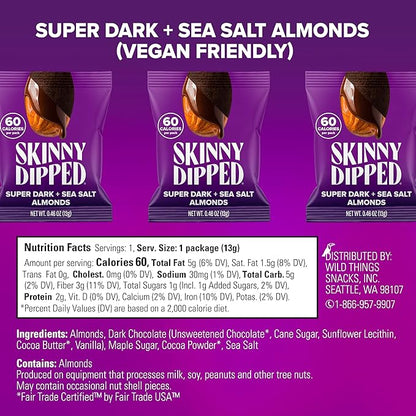 SkinnyDipped Super Dark Chocolate + Sea Salt Almonds, Vegan, Healthy Snack, Plant Protein, Gluten Free, 0.46 oz Mini Bags, Pack of 24