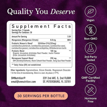 Menopause Support with Prebiotics and Probiotics for Women | Hormone Balance, Hot Flashes & Night Sweats | 50 Billion CFU, DIM & Black Cohosh | Triple Action Menopause Supplements for Women | 30 Ct