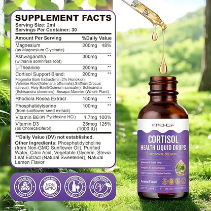 Cortisol Supplement Liquid Drops, Hormone Balance for Women Men Cortisol Detox with Magnesium Glycinate, L-Theanine, Rhodiola Rosea, Ashwagandha, Phosphatidylserine, Mood Focus, Sleep Support, 2 Fl Oz